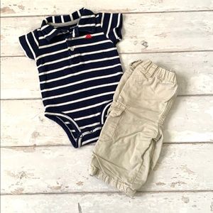 Carters 6m Baby Boy Outfit Khaki Pants Navy Blue White Stripes Polo Onesie